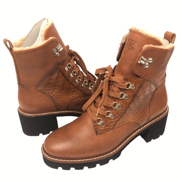 Paul Green Shoes - NewNoBx Paul Green Kayla Brown Leather Lace Up Block Heel Boots 8 Faux Fur Lined